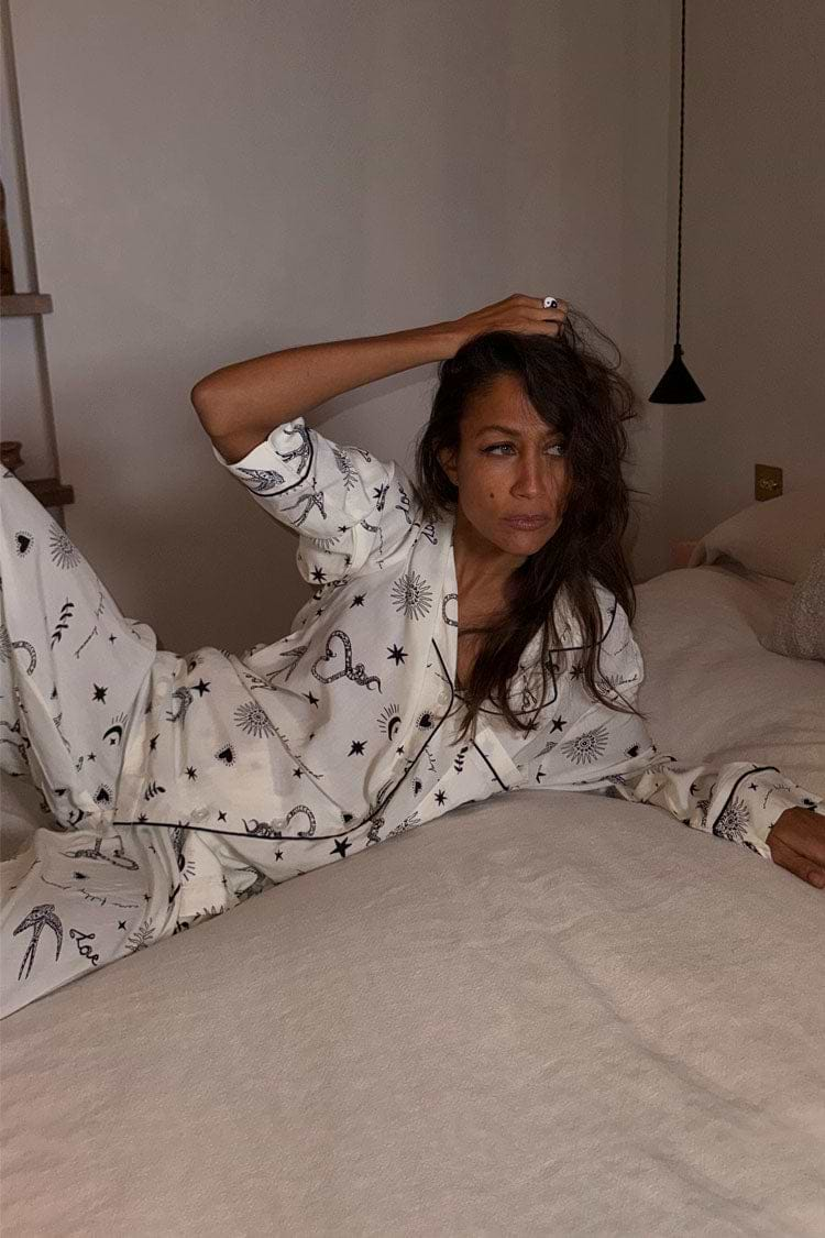 caption_Model wears Cream Tattoo Button Through Pyjamas in UK size 8/ US 4