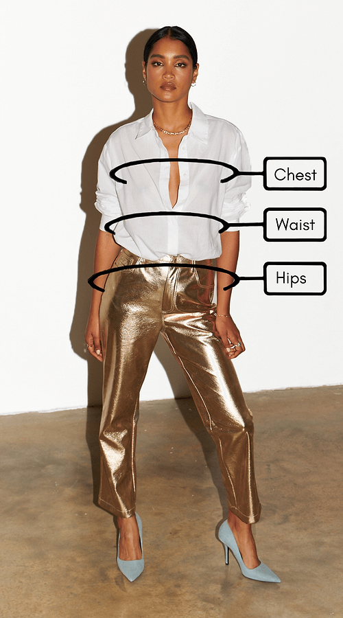 Graphic with arrows pointing to where to measure for chest, waist and hips