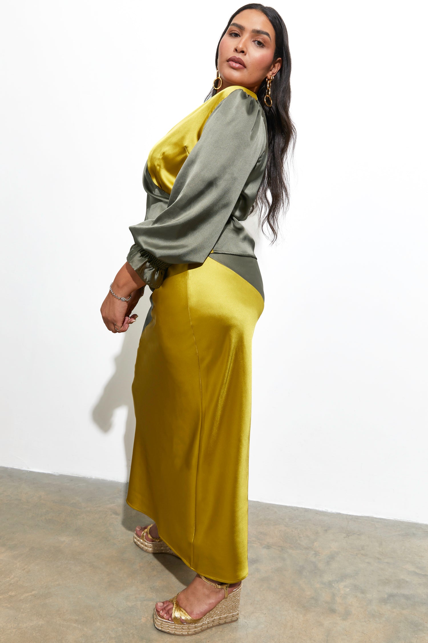 Model wearing Model wearing Lime and Khaki Emmy Skirt 