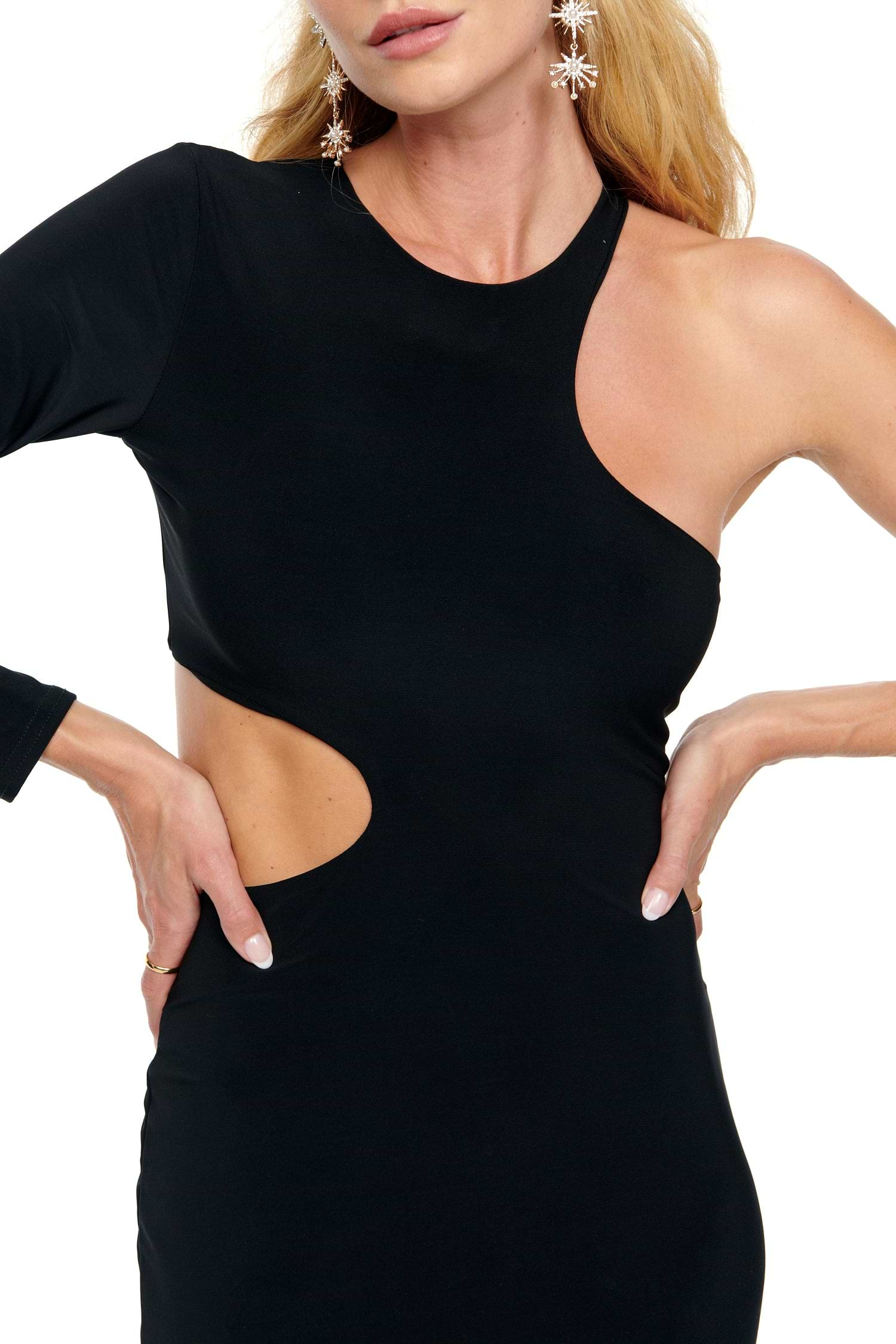 Model wearing Black Midi Gigi Cut Out Dress standing facing the camera close up