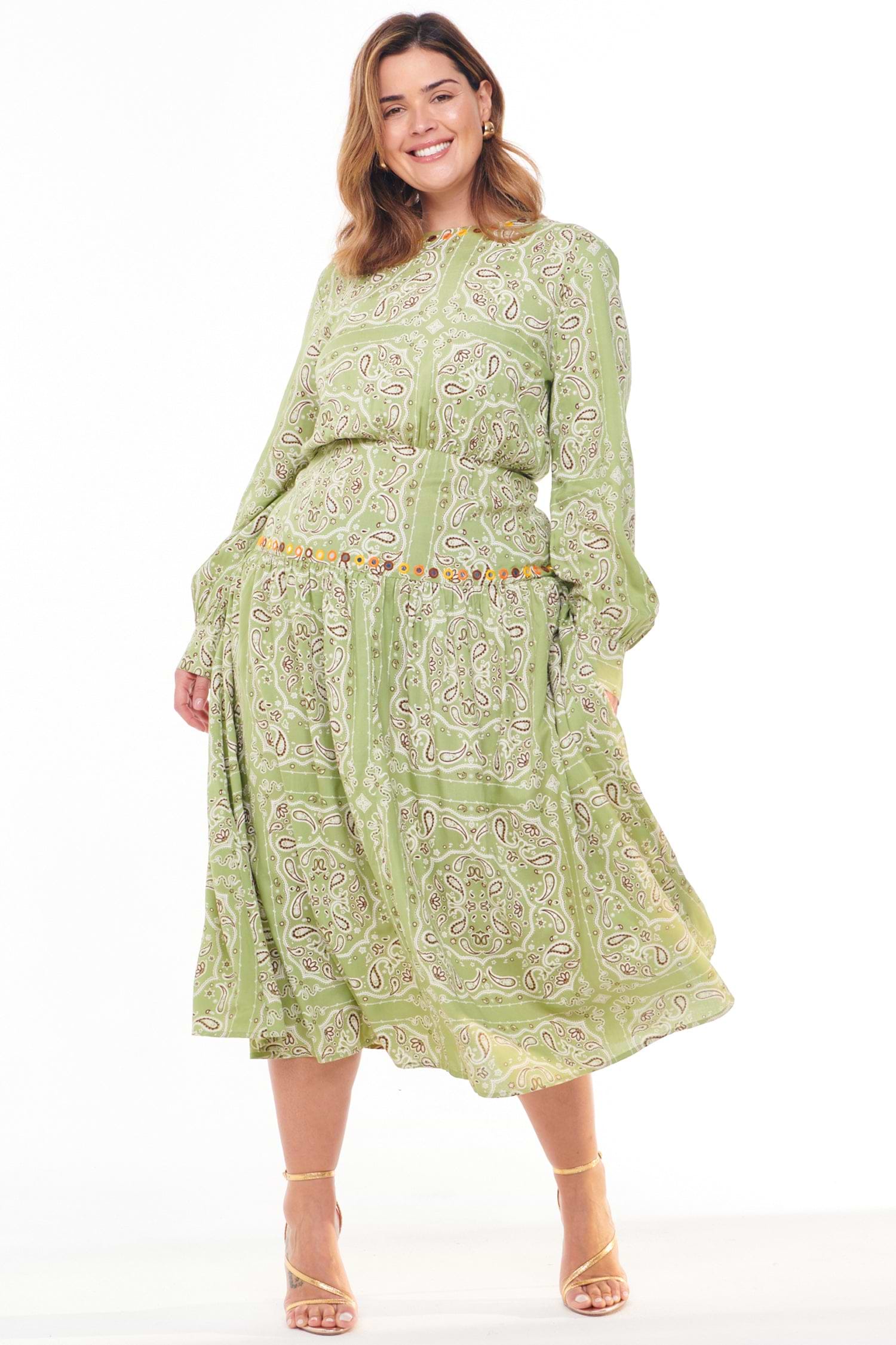 Model wearing Khaki Bandana Indie Dress standing facing the camera 