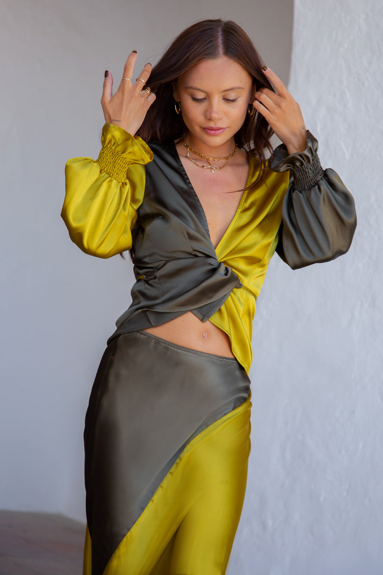 Model wearing Model wearing Lime and Khaki Emmy Skirt 
