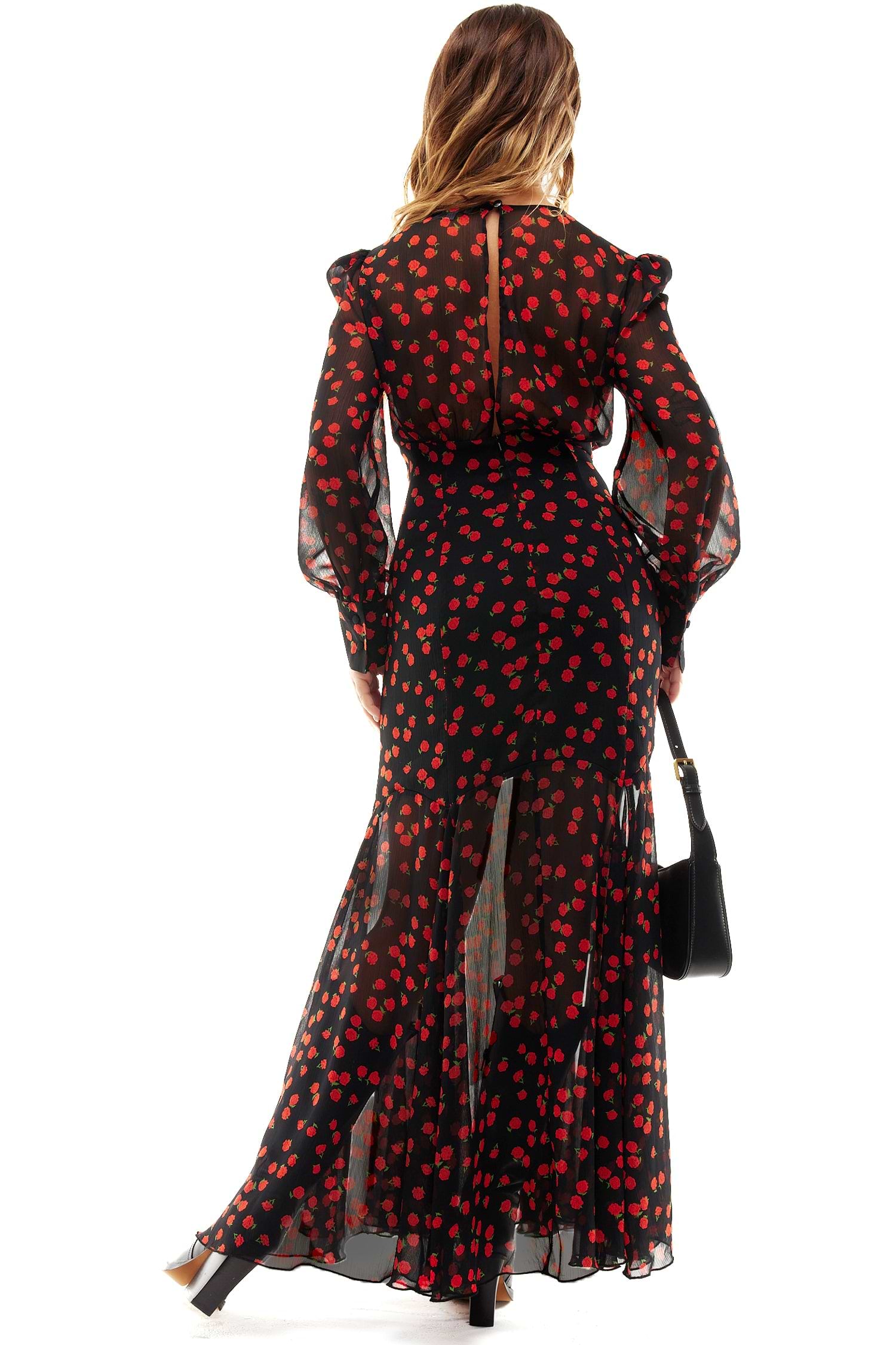 Model wearing Black Rena Rose Midi Dress standing facing away from the camera