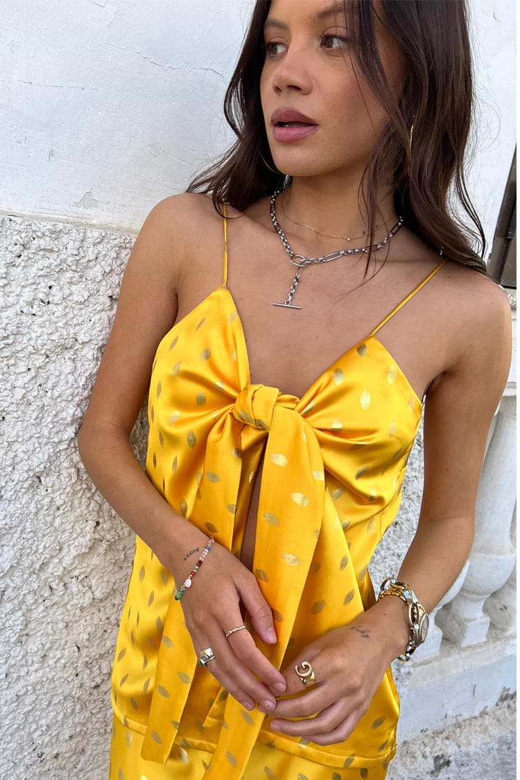 Model wearing Sunshine Mason Tie Front Top