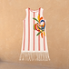 Abito da bambina in jersey panna con righe rosse, stampa a banane multicolore e orlo con frange.