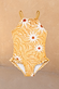 Girl's Yellow Sun Swimsuit featuring a sun print, thin straps and frill detailing.