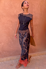 Black and Chocolate Lace Jersey Top with chocolate lace trim, styled with a floral print maxi skirt.