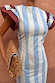 Blue Stripe Alena Midi Dress with vertical stripes and burgundy ruffled sleeves, styled with a leopard print clutch.