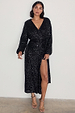caption_Model wears Black Sequin Kira Wrap Dress in UK size 10/ US 6