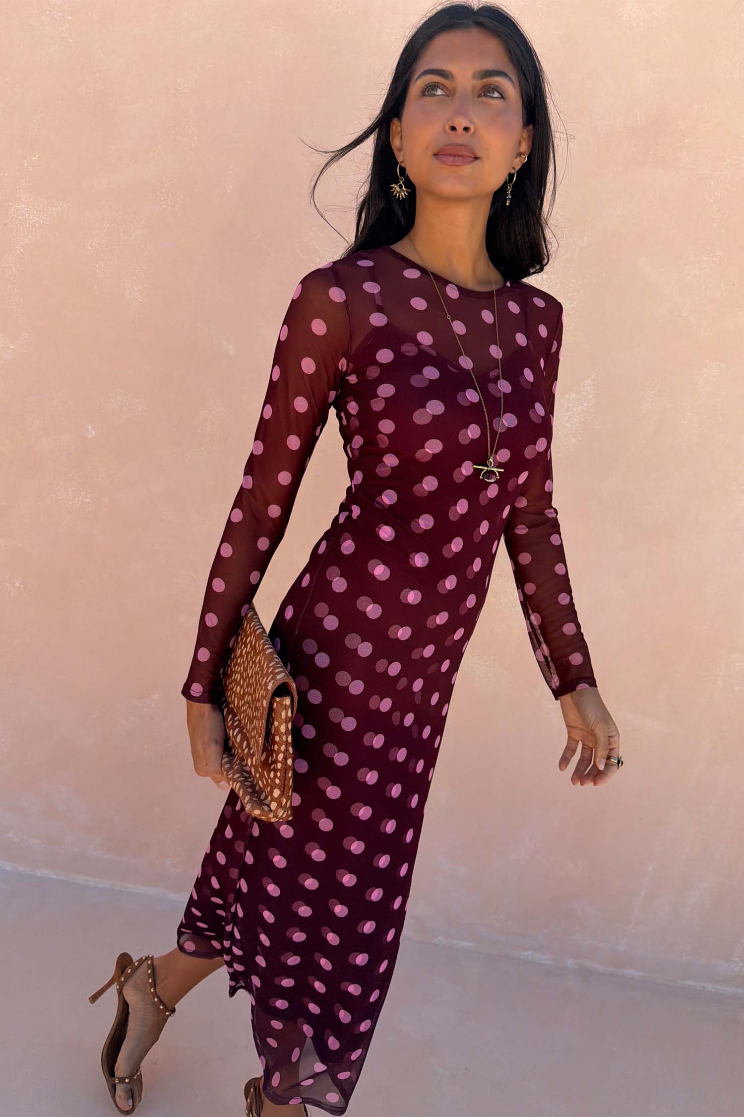 Burgundy Polka Dot Mesh Dress - 6