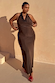Chocolate Sabine Dress, a brown cowl halter neck maxi in soft stretch fabric, worn by a model in the sun.