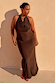 Chocolate Sabine Dress featuring a draped cowl halter neckline and soft maxi silhouette.