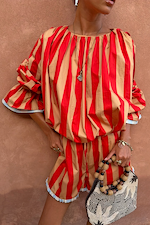 Tomato Stripe Blouse in red and camel stripes with voluminous sleeves and a gathered neckline.