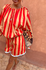 Red and camel Tomato Stripe Blouse with gathered neckline and matching shorts styled as a co-ord set.