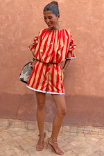 Red and camel striped Tomato Stripe Blouse worn as a co-ord with matching shorts.