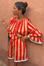 Tomato Stripe Ellie Shorts and matching blouse with red and camel stripes and light blue trim.