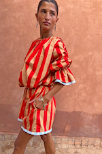 Tomato Stripe Ellie Shorts and matching blouse in red and camel with contrast trims