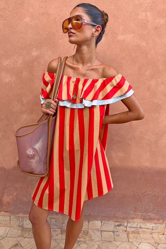 Tomato Stripe Mini Dress with red and camel stripes and a ruffle off-the-shoulder neckline.