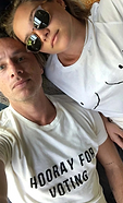 florence pugh and zach braff wearing our iconic boob t-shirt 