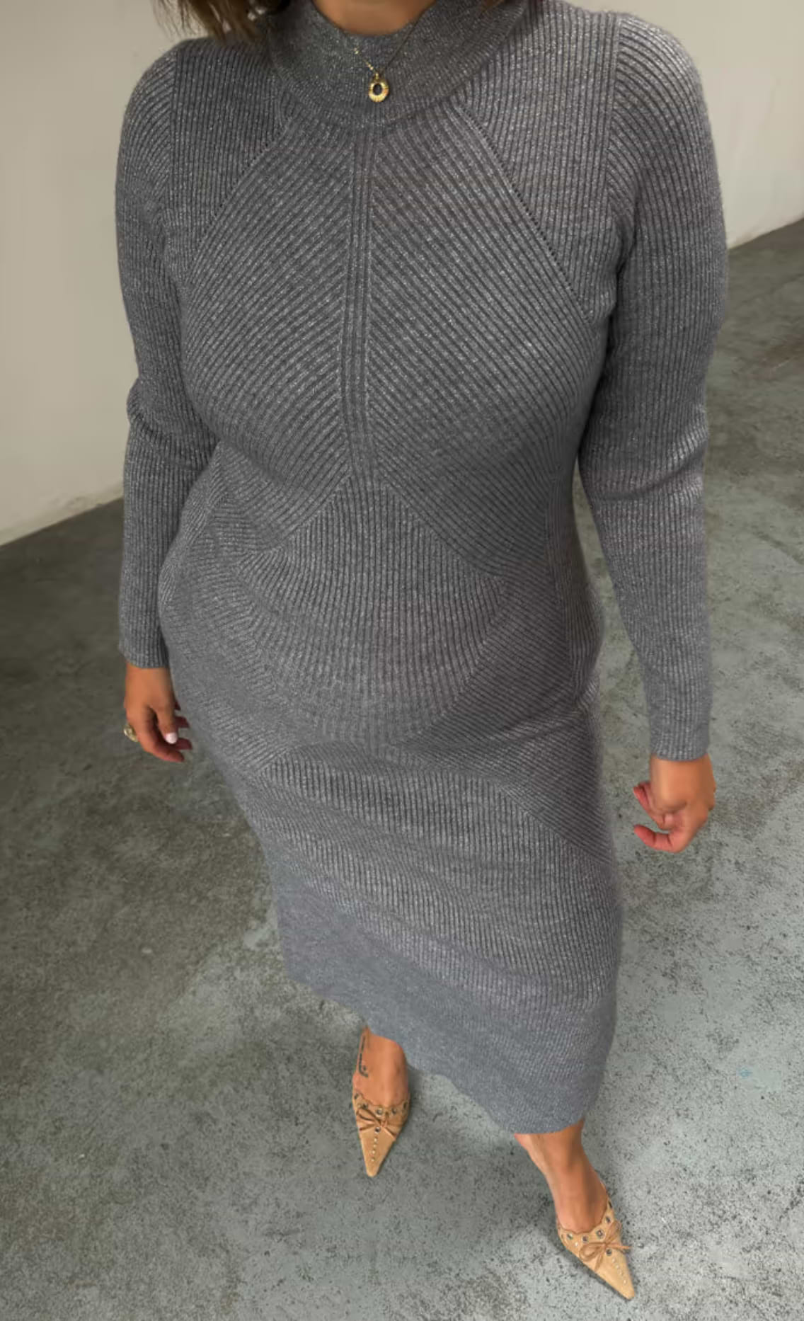 close up of our gunmetal ribbed knit suki midi dress
