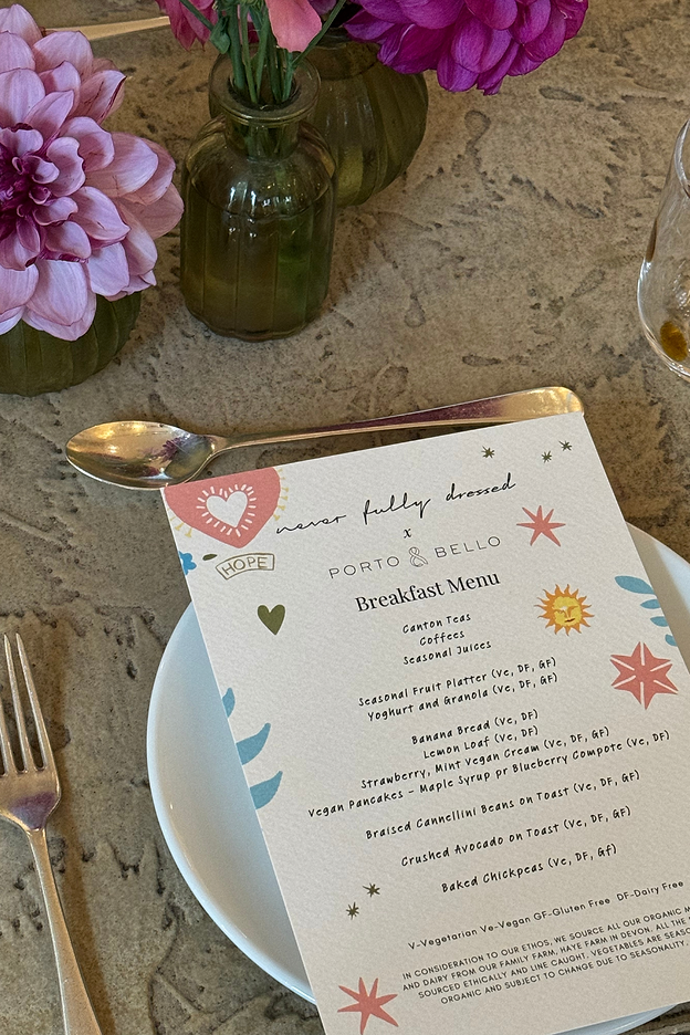 picture of the menu at our breakfast event with porto & bello and future dreams