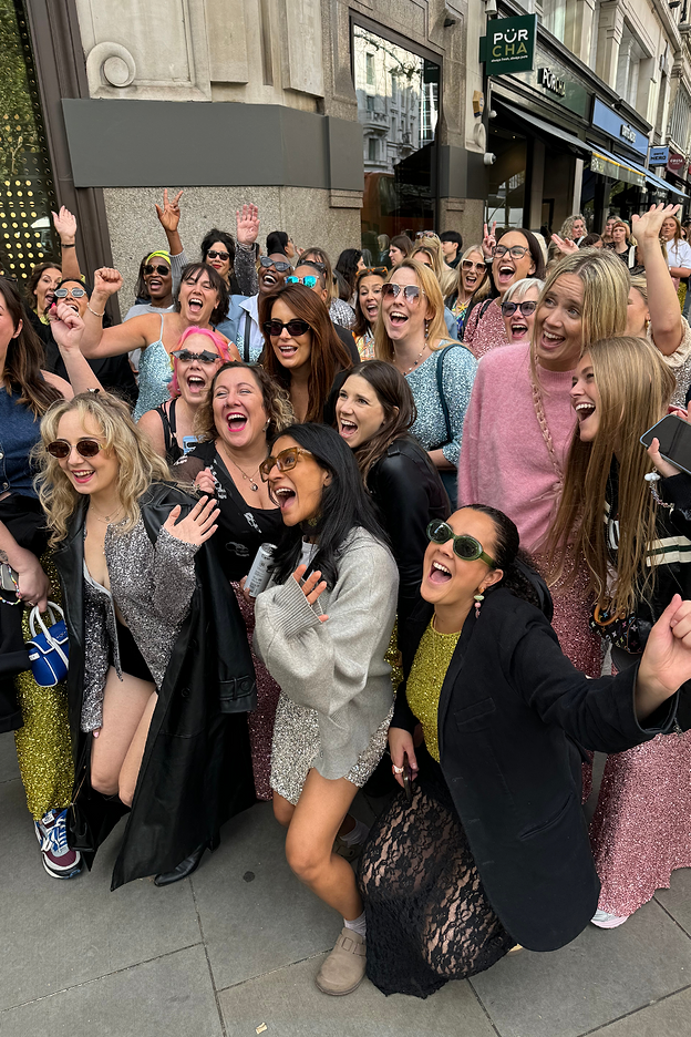 customers and staff outside the devonshire for our sequin march event 