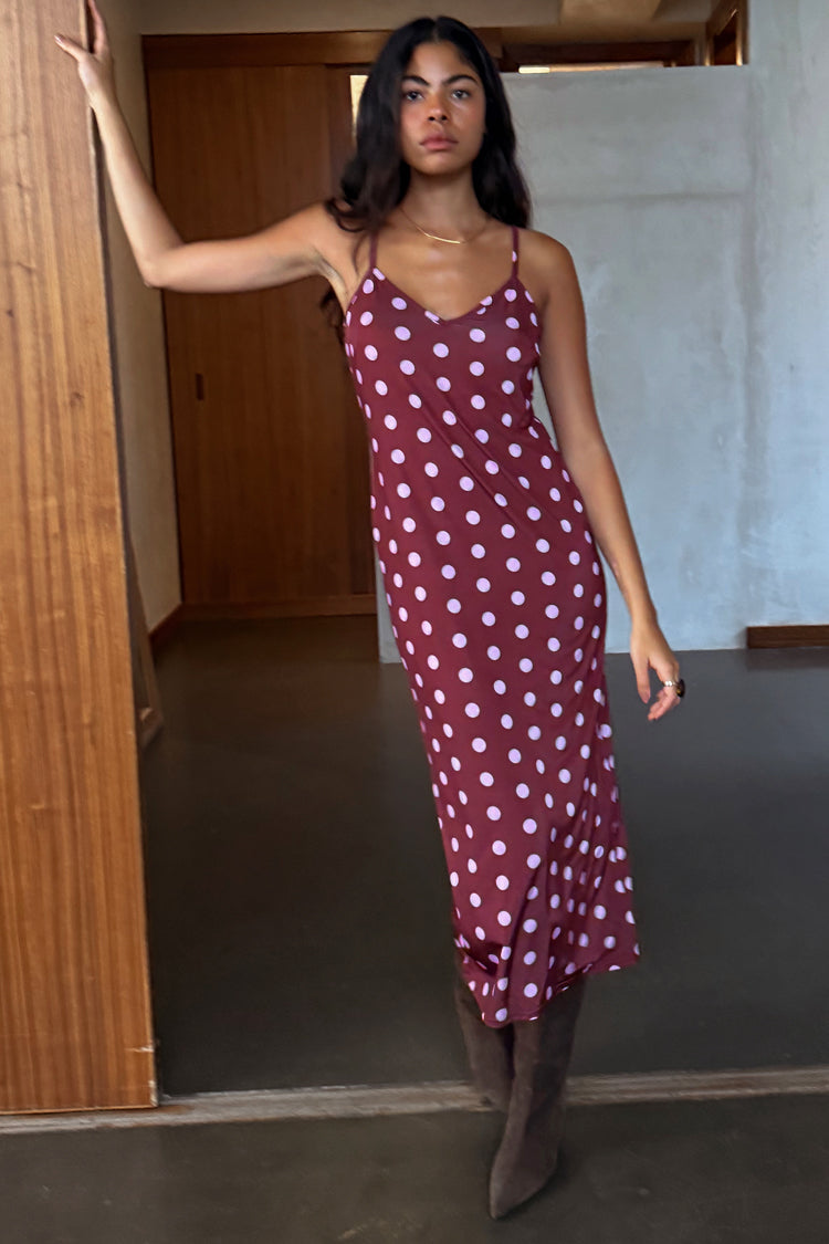 Never Fully Dressed Mesh Midaxi Dress in Chocolate Polka dot-Brown