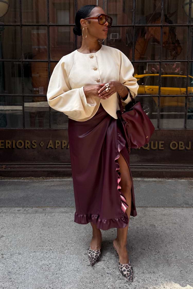 never fully dressed Burgundy Vegan Leather Ruffle Jaspre Skirt | Clothing