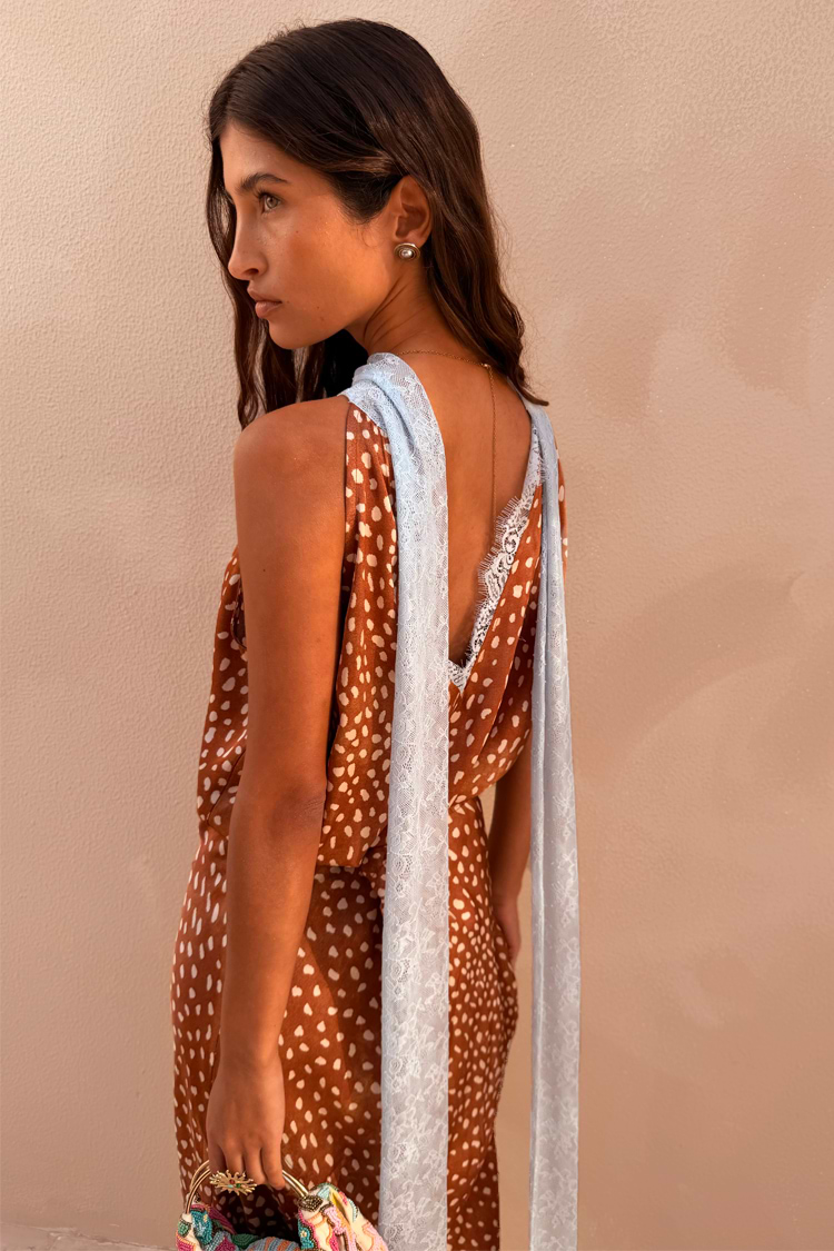 Back view of the multi-wear Fawn Lily Top in brown fawn print with light blue lace tie fastenings.