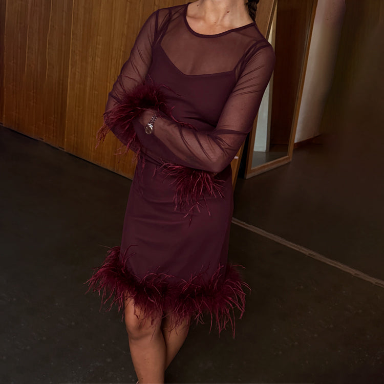 mesh dress with feathers Wine Mesh Feather Mini Dress – Never Fully Dressed