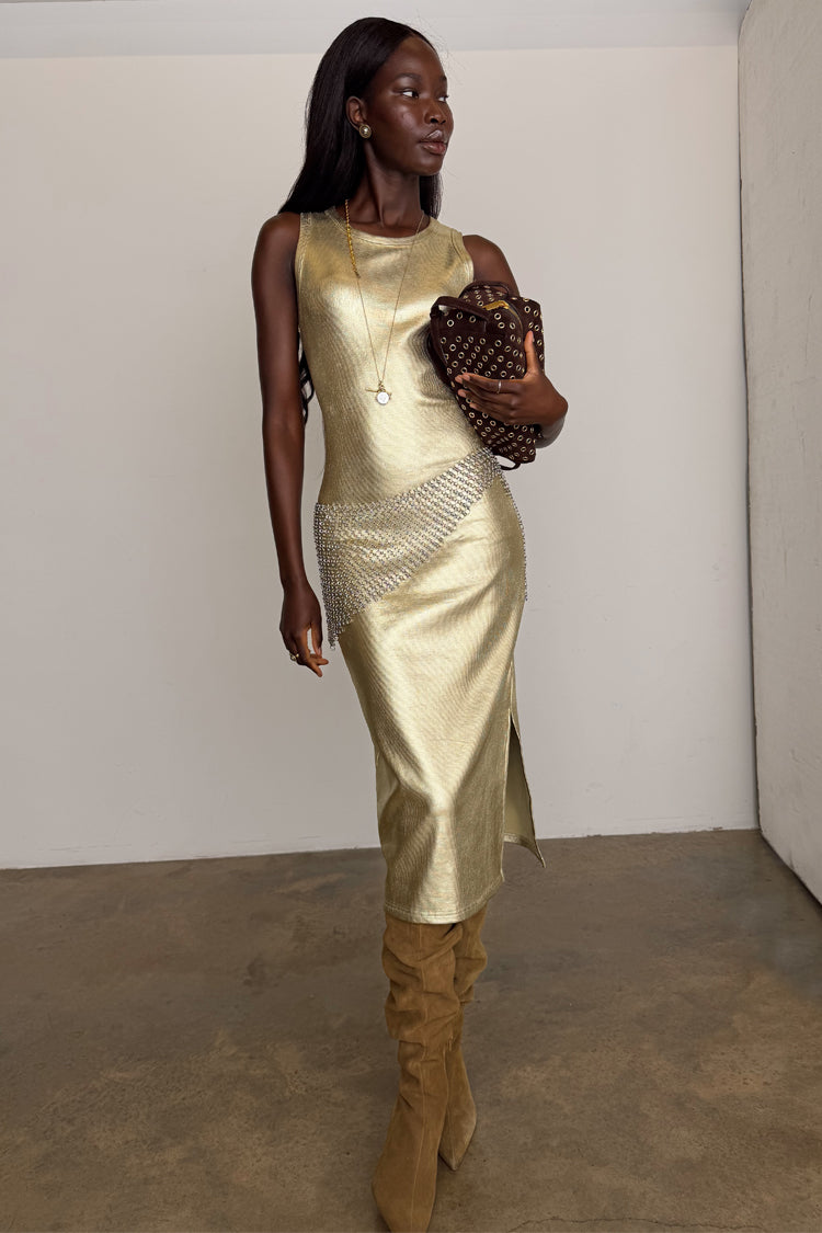 Women's Gold Metallic Ribbed Dress in - size L