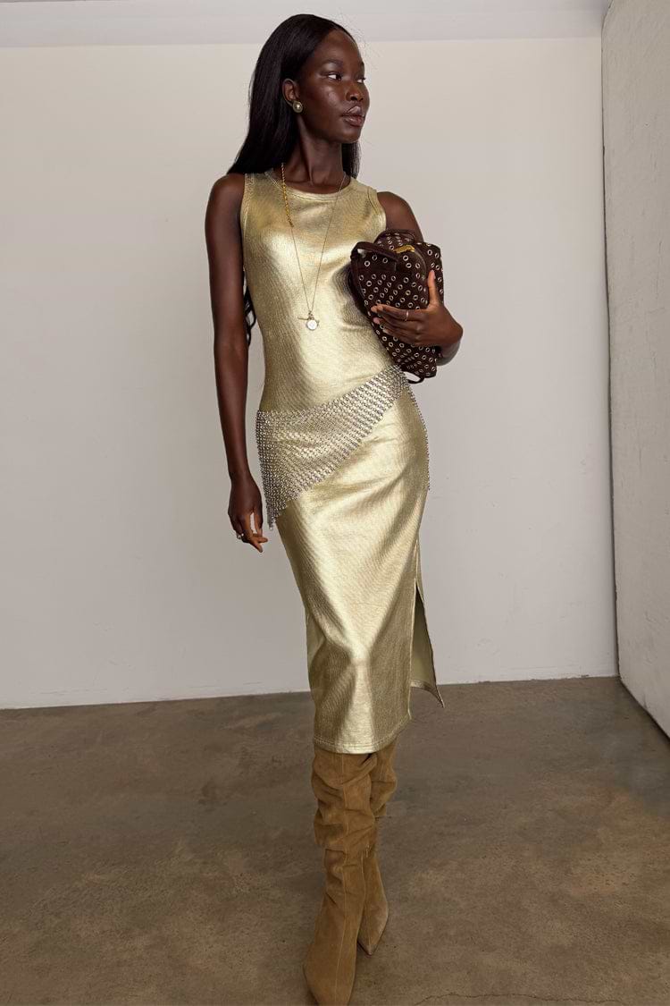 Women's Gold Metallic Ribbed Dress in - size L - Never Fully Dressed Women's Gold Metallic Ribbed Dress in - size L - Never Fully Dressed