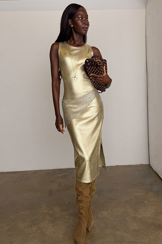 gold dress mid length Women's Gold Metallic Ribbed Dress in - size L
