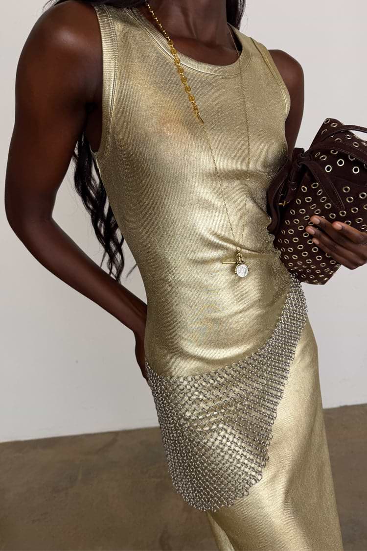 Gold Metallic Ribbed Dress Never Fully Dressed Gold Metallic Ribbed Dress Never Fully Dressed