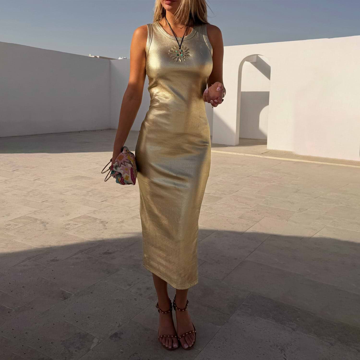 slim fit dress slacks Gold Metallic Ribbed Dress