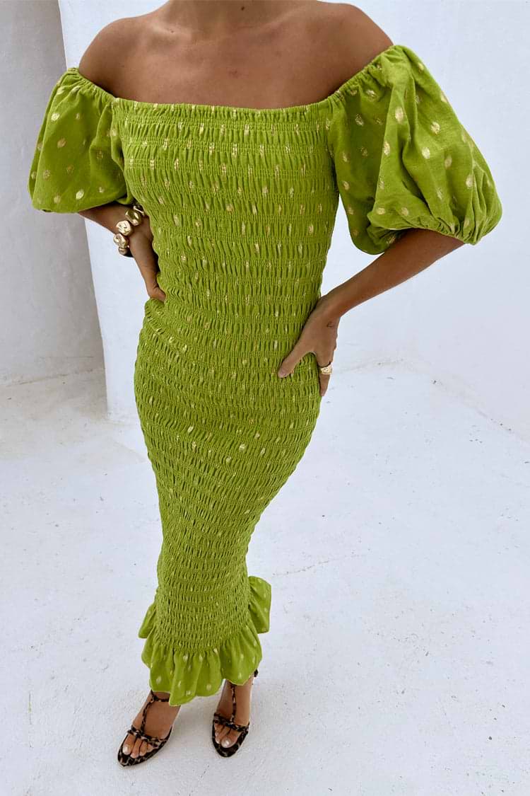 Olive Jojo Dress with Gold Fleck