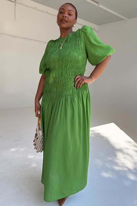 Green Shirred Nara Dress Never Fully Dressed Green Shirred Nara Dress Never Fully Dressed