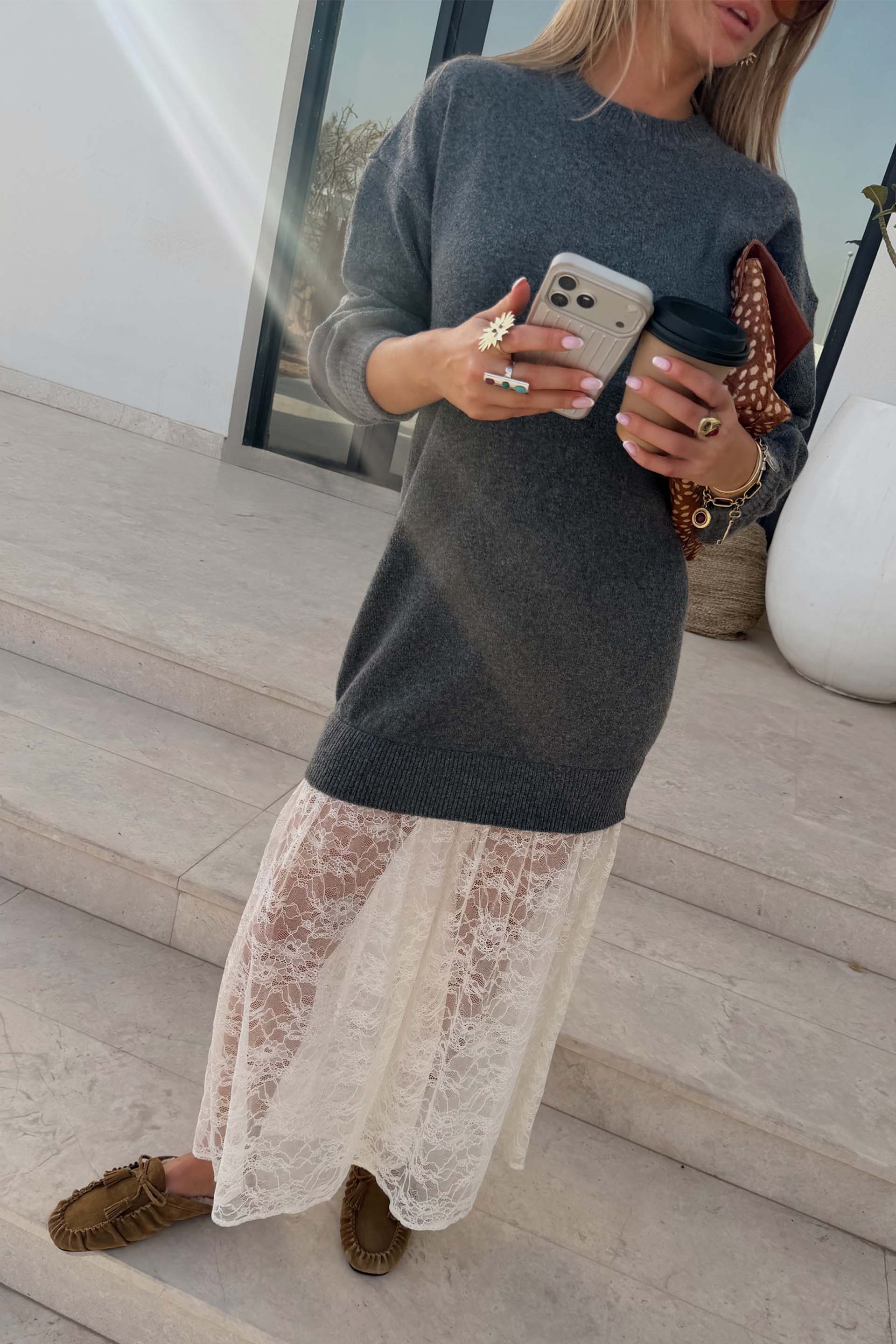 chinese dress ladies 3.1 Phillip Lim French Tuck Knit Dress with Lace Trim Beige / Xs main image 1