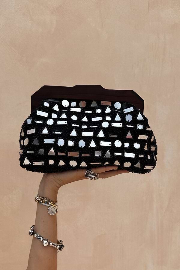 Black Beaded Mirror Bag