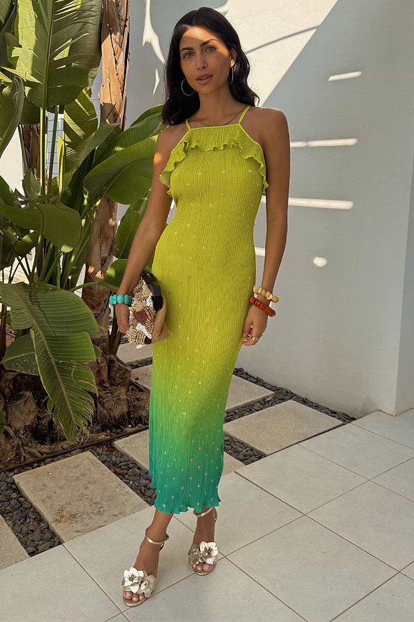 green abstract print plisse strappy maxi dress Lime Ombre Plisse Claudia Dress – Never Fully Dressed