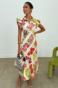 Vestito midi Remi in misto lino con stampa Fruit Stamps, maniche a volant e colletto.