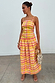 Check Lola Mid-axi Dress in yellow, pink and orange with a ruched bodice and thin straps.