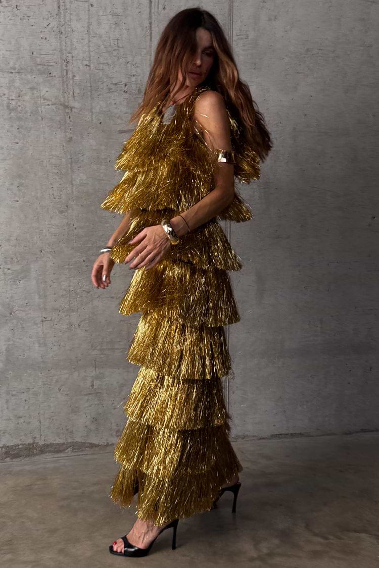 slim fit dress slacks Women's Gold Fringe Dress in Gold - Size 8
