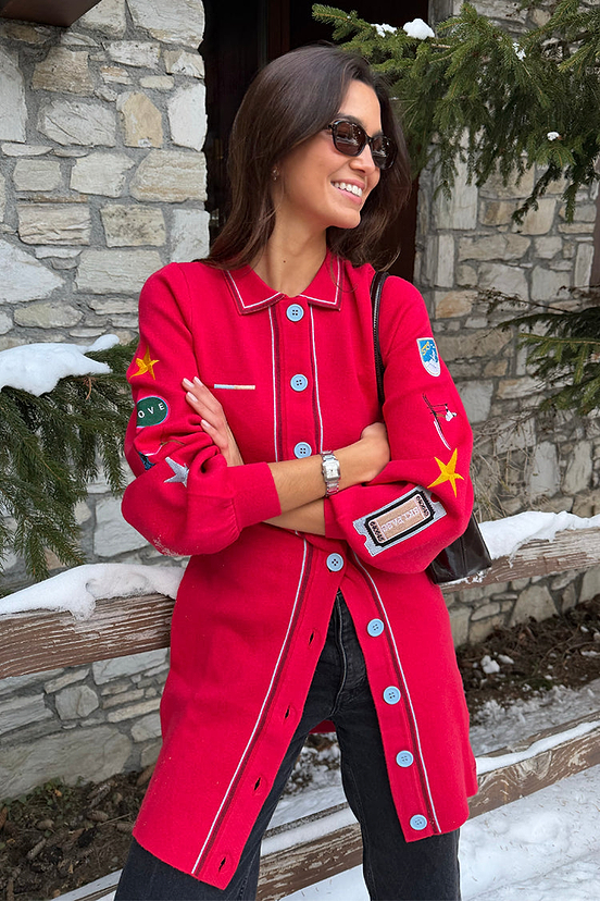 Women's Red Ski Knit Long Cardigan in - Size Xs