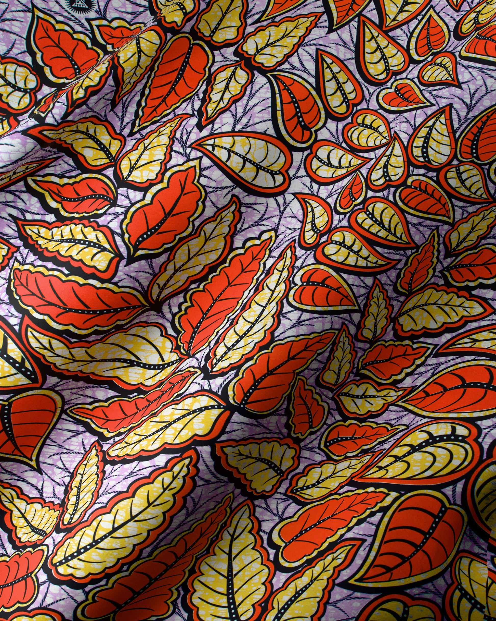 Vibrant red yellow leaf-patterned fabric super-wax vls6477.008