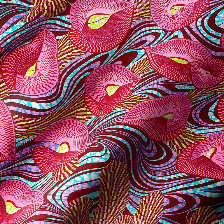 Floral pattern with metallic gold fan-shaped blooms on dark navy fabric.