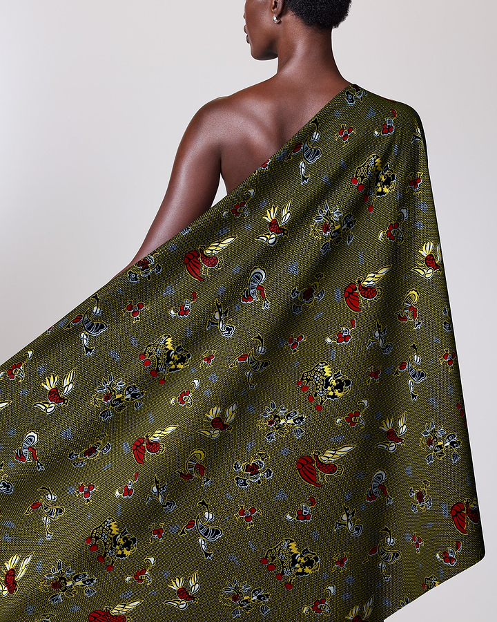 Olive-green patterned fabric draped person wax hollandais vl00535.137