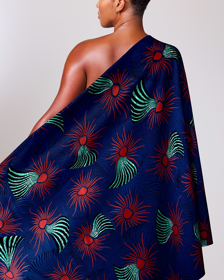 Vibrant navy blue one-shoulder wrap wax hollandais vl03586.122
