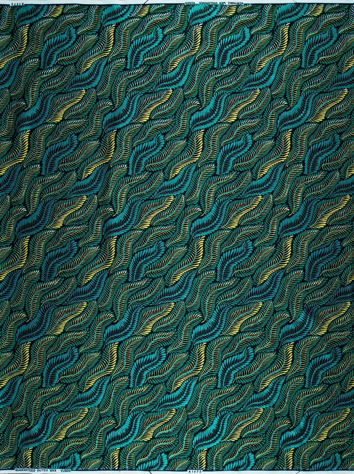 Teal gold wavy leaf-patterned fabric wax hollandais vla1472.017