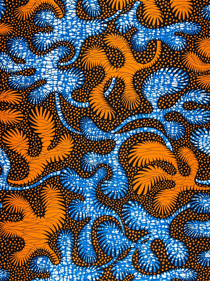 Vibrant blue orange abstract leaf-patterned wax hollandais vla2070.046